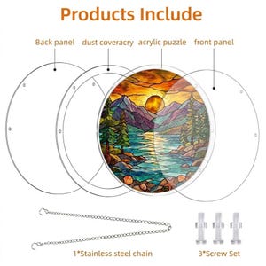 May include: A circular acrylic puzzle depicting a landscape with a sunset over a lake and mountains. Includes a back panel, dust cover, front panel, stainless steel chain, and screw set. The text "Products Include" is at the top.