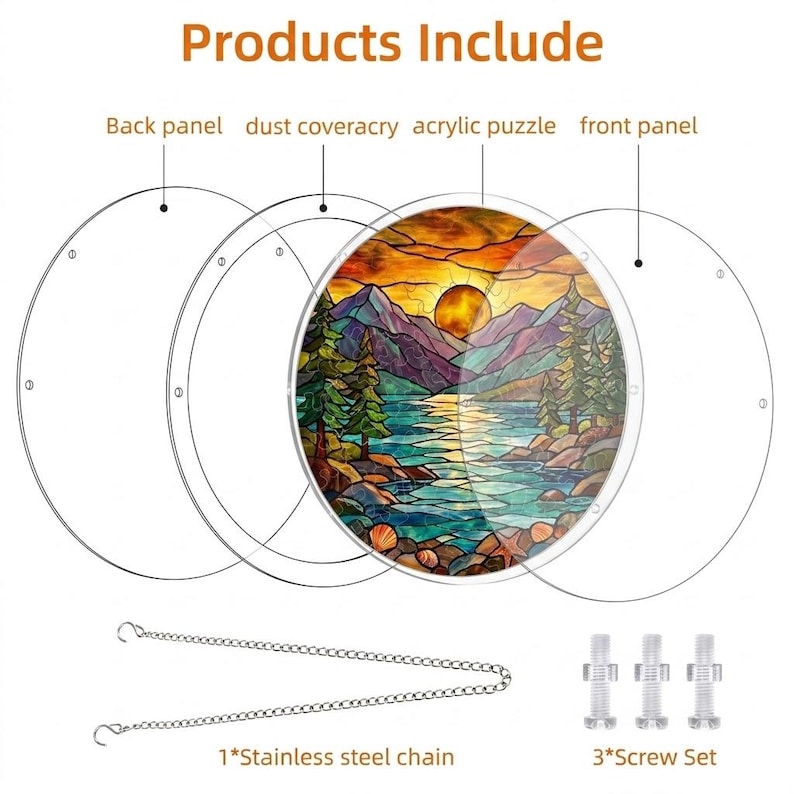 May include: A circular acrylic puzzle depicting a landscape with a sunset over a lake and mountains. Includes a back panel, dust cover, front panel, stainless steel chain, and screw set. The text "Products Include" is at the top.