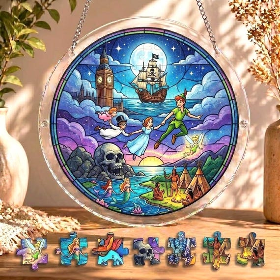 Peter Pan Suncatcher Puzzle DIY Kit, Neverland Adventure Suncatcher Craft Kit, Disney Peter Wendy Flying Puzzle Window Hanging