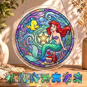 Disney The Little Mermaid Suncatcher Puzzle DIY Kit, Ariel Little Mermaid Adults and Kids Craft Kit, Ariel & Flounder Puzzle Window Hanging