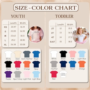 May include: Size and color chart for youth and toddler t-shirts. The chart includes measurements in inches for length and width, along with a color selection guide. Colors include white, black, red, orange, and blue.