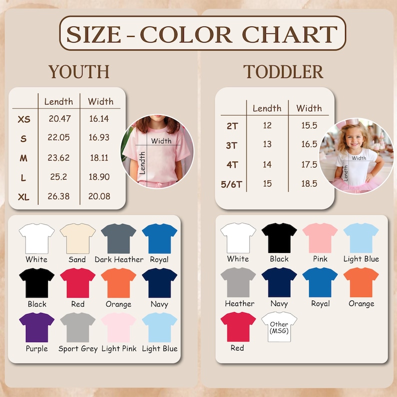 May include: Size and color chart for youth and toddler t-shirts. The chart includes measurements in inches for length and width, along with a color selection guide. Colors include white, black, red, orange, and blue.
