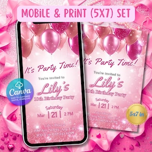 May include: Pink digital invitation set for a 10th birthday party. The design features pink balloons, glitter, and the text "It's Party Time!" and "Lily's 10th Birthday Party". Includes a 5x7 inch print option.