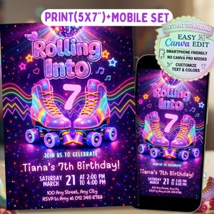 May include: A digital invitation set featuring a 5x7 inch print and a mobile version. The design displays two colorful roller skates, a disco ball, and neon rainbow lines on a dark purple background. Text includes Rolling Into 7, Tiana's 7th Birthday, Saturday March 21, 2:00 PM to 4:00 PM, 100 Any Street, Any City, and RSVP to Amy at 012 345 6789.