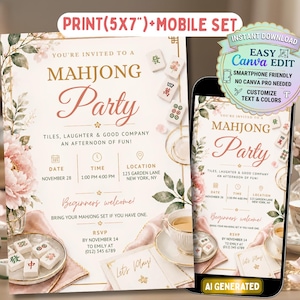 Mall för inbjudan till Mahjong-fest, kort- och mobilinbjudan, redigerbar canvasdesign, blommig spelkväll, orientalisk temafest för kvinnor