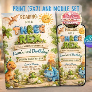 Könnte beinhalten: Eine druckbare und mobile Einladung zum dritten Geburtstag eines Kindes. Das Design zeigt ein Dinosaurier-Thema mit dem Text "Roaring into a Three Rex". Die Einladung enthält Details wie Datum, Uhrzeit und Ort.