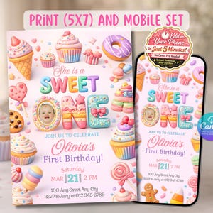 Invitación de primer cumpleaños "Sweet One" / Plantilla de Canva para fiesta de dulces y postres (descarga digital)