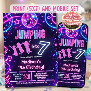 Trampoline Birthday Invitation, Girls Jump Party Card, Jumping Into Any Age Invite, Neon Pink Glow Bash, Digital Mobile Evite, Canva 5x7