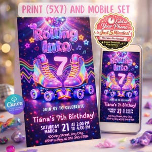 Roller Skate Birthday Invitation Editable Party Invite Girls Rolling into 7 Disco Neon Rollerskate Printable 5x7 & Mobile Canva Template