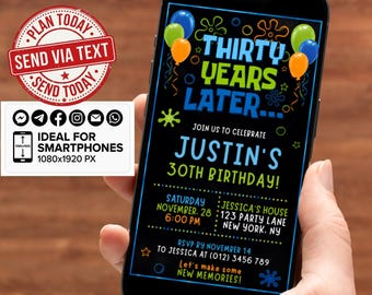 Invitación de cumpleaños número 30 de Sponge, paquete de invitaciones "Treinta años después" para hombres, plantilla editable de Canva, texto de Evite para teléfono móvil de 5x7
