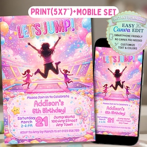 May include: A digital birthday invitation template featuring a colorful trampoline park scene with three children jumping. The text reads LET'S JUMP!, Addison's 6th Birthday, Saturday March 21, 2-4 PM, Jump World 100 Any Street Any Town, and RSVP to Amy by March 15 at 0123 456 789.