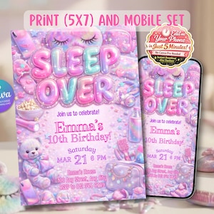 Sleepover Birthday Invitation, Girls Slumber Party Invite, Pastel Pajama Bash, Mobile Digital Evite, Editable Canva Template, 5x7 Printable