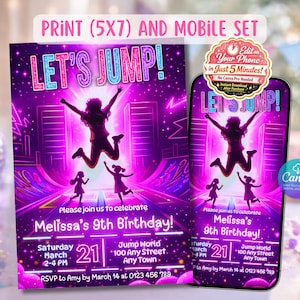 Trampoline Birthday Invitation, Girls Let's Jump Party Card, Bounce Any Age Invite, Neon Pink Glow Bash, Digital Mobile Evite, Canva 5x7