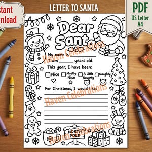 Pode incluir: Uma página para colorir imprimível de Carta ao Papai Noel em preto e branco com um boneco de neve, Papai Noel, uma árvore de Natal, presentes e um boneco de gengibre. O modelo inclui linhas para escrever e o texto North Pole.