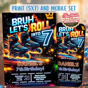 Neon Roller Skating Boys Birthday Party Invitation, Editable Mobile Print Set