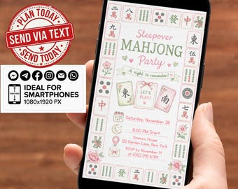 May include: A digital invitation for a Sleepover Mahjong Party displayed on a smartphone screen. The border features various Mahjong tiles. Text includes Sleepover Mahjong Party, A night to remember, Let's Play, Saturday, November 28, 6:00 PM Start, Emma's House, 123 Garden Lane, New York, RSVP by November 14 at (012) 345 6789.
