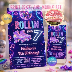Roller Skating Birthday Invitation, Girls Disco Party Card, Rolling Into Any Age Invite, Retro 3D Skates, Digital Mobile Evite, 5x7 Print