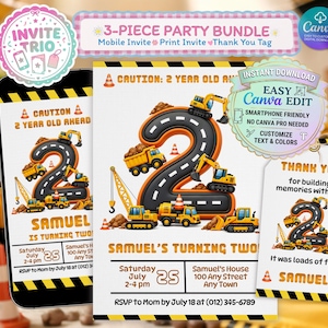 Puede incluir: Un paquete de fiesta de tres piezas con temática de construcción. El diseño incluye una invitación móvil, una invitación impresa y una etiqueta de agradecimiento. La invitación presenta el número 2 con vehículos de construcción.