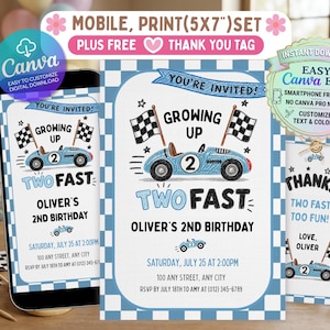 Op de afbeelding: Een digitaal downloadbaar verjaardagsuitnodigingsset met een racewagenthema. De uitnodiging toont een lichtblauwe raceauto met de tekst "Two Fast" en "Oliver's 2nd Birthday". Inclusief een mobiele telefoonweergave, een printuitnodiging en een bedanklabel.