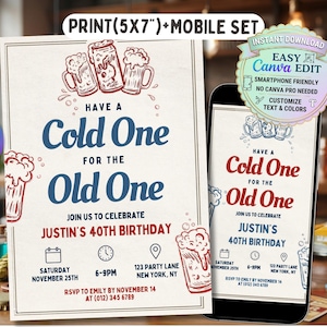 May include: A printable invitation set for a 40th birthday party, featuring a vintage design with beer mugs and the text "Have a Cold One for the Old One." Includes a mobile version. The design is customizable with Canva.