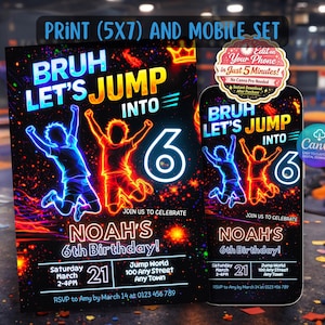 Neon Jump Birthday Invitation, Trampoline Castle Party Glow invite Editable Canva Template, Kids Boy Bruh Let's Jump Into 6 Digital evite