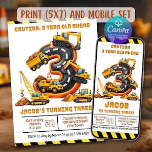 May include: A birthday invitation and mobile set featuring a construction theme. The design includes a large number 3 with construction vehicles, the text "CAUTION: 3 YEAR OLD AHEAD", and event details. The invitation is 5x7 inches.