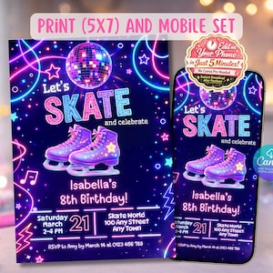 May include: A neon-themed party invitation set. The design features the text "Let's Skate" above a pair of purple roller skates. The invitation includes details for an 8th birthday party, with a disco ball and stars.
