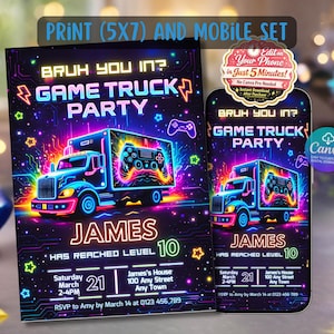 May include: A vibrant invitation set for a Game Truck Party, featuring a truck with a game controller design. The invitation includes the text "Bruh You In? Game Truck Party" and event details. A mobile set is also shown.