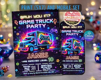 Neon Game Truck Birthday Invitation, Editable Canva Template, Printable Card & Mobile Evite, Cyberpunk Arcade Gaming Party Invite for Boys