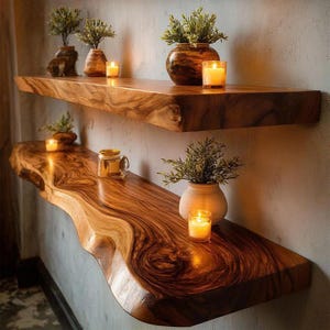 Pode incluir: Duas prateleiras flutuantes de madeira com borda natural, exibindo um grão de madeira rico e quente. Cada prateleira contém pequenas plantas em vasos, velas e vasos decorativos. As prateleiras são montadas em uma parede de cor neutra.