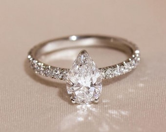 Pear Cut Moissanite Engagement Ring: Sterling Silver Pave Wedding Band