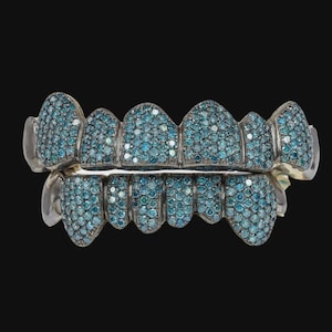 Icey Blue Moissanite Grillz | Custom Hip Hop Iced Out Teeth | VVS D Color Blue Shine | Custom Fit Grillz for Men & Women, Buss Down Jewelry