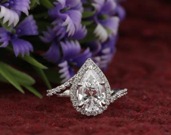 2.00Ct Pear Moissanite Engagement Ring: Halo Diamond, Sterling Silver