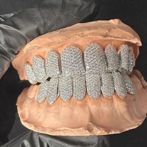 Hip Hop Bling Iced Out Full Set Grillz | VVS Moissanite Diamond Teeth | Custom 925 Silver Grillz | Passes Diamond Tester | Handmade