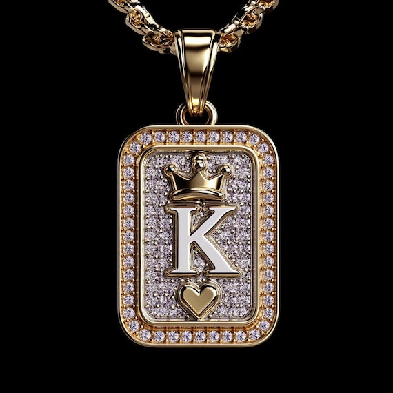 Moissanite Initial Pendant Necklace: Crown Heart Letter K, 14K