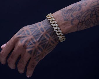 14MM Yellow Gold Plated Raised Cuban Bracelet – Iced Out Link Chain – Luxury Men’s Hip Hop Jewelry – Waterproof & Tarnish Free Gift