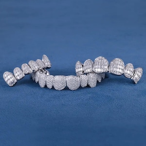 VVS Moissanite Premium Cut Grillz | 8x8 Diamond Grillz in 925 Silver | Custom Fit Iced Out Grillz for Men & Women | Hip Hop Teeth Bling