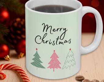 Merry Christmas Mug | Holiday Coffee Cup with Christmas Trees