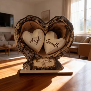 Personalized Wooden Heart Tree Trunk Decor, Custom Couple Names Wood Heart, Anniversary Valentine Gift for Him Her Home Decor