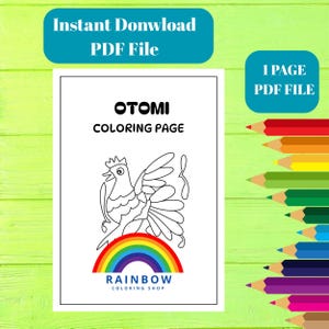 Puede incluir: Una página para colorear en blanco con una ilustración en blanco y negro de un pájaro sobre un arcoíris. El texto "OTOMI COLORING PAGE" está encima de la ilustración. El texto "RAINBOW COLORING SHOP" está debajo. Fondo verde con lápices de colores.