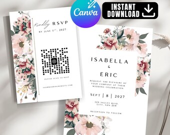 Elegant Floral Wedding Invitation Template, Printable Canva Invite (Digital Download)