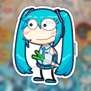 May include: A sticker featuring a cartoon character with large blue eyes and long, turquoise pigtails. The character is holding a green onion and wearing a blue and white outfit. The sticker has the text "PRINT SAMPLE DO NOT PRINT" and "SEVENGEARS" on it.
