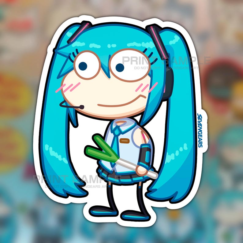 May include: A sticker featuring a cartoon character with large blue eyes and long, turquoise pigtails. The character is holding a green onion and wearing a blue and white outfit. The sticker has the text "PRINT SAMPLE DO NOT PRINT" and "SEVENGEARS" on it.