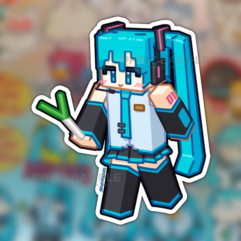 May include: A sticker featuring a pixelated anime character with turquoise hair and a white and black outfit. The character is holding a green onion and wearing headphones. The sticker has a white border and the text "SEVENGEARS" is visible.