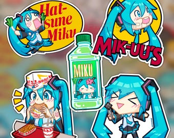 goofy miku stickers (miku pro shops, MIK-UU'S, miku veggie juice, miku cali burger, geometric miku)