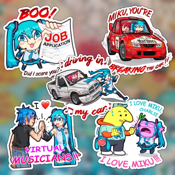 goofy miku and teto stickers (driving in my car, job jumpscare, rally miku teto, i love miku, virtual musicians)
