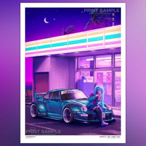 May include: A digital art print featuring a teal sports car parked in front of a convenience store at night. A character with long blue hair sits on the hood of the car. The scene is illuminated by neon lights and a crescent moon in the sky.
