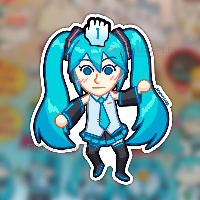 May include: A sticker featuring a cartoon character with turquoise hair in pigtails, wearing a white and blue outfit. The character has rosy cheeks and a number 1 on their head. The sticker has a white border and the text "SEVENGEARS" is visible.
