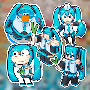 May include: A collection of five stickers featuring the character Hatsune Miku in various cartoon and video game styles. Each sticker showcases Miku with her signature turquoise pigtails, holding a leek, and wearing a tie. The stickers have a white border.