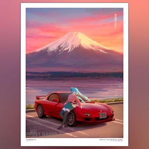 Könnte beinhalten: Kunstdruck mit einem roten Sportwagen und einer Figur vor dem Hintergrund des Fuji-Berges und einem Sonnenuntergang. Der Druck enthält den Text "PRINT SAMPLE".